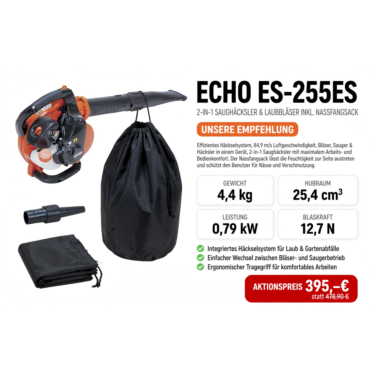 ECHO ES-255ES 2-in-1 Saughäcksler & Laubbläser inkl. Nassfangsack - 4,4 kg 25,4 cm³ 0,79 kW - 395 Euro - Gartentechnik Forster