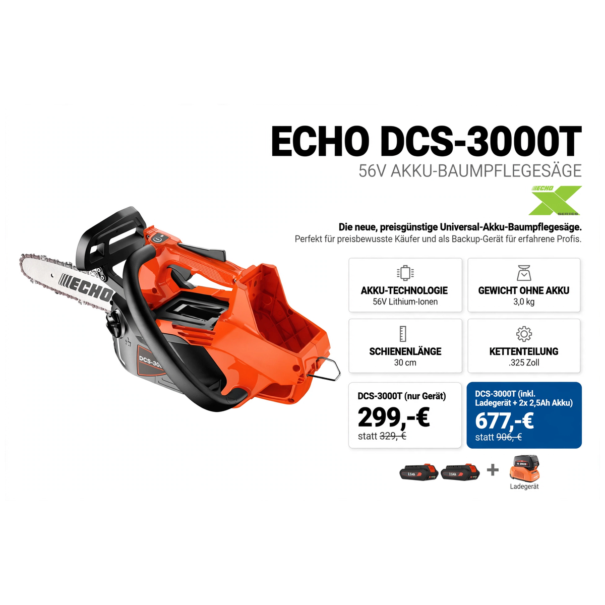 ECHO DCS-3000T 56V Akku-Baumpflegesäge - 3,0 kg 30 cm 0.325 Zoll - 299 Euro - Gartentechnik Forster