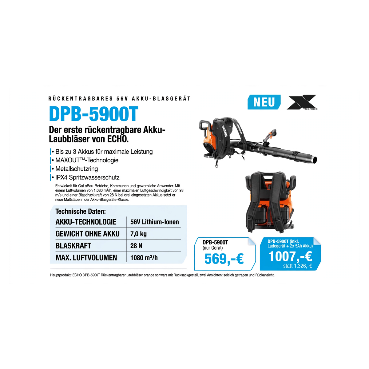 ECHO DPB-5900T 56V Akku-Blasgerät rücken-tragbar - 7,0 kg 28 N 1080 m3/h - 569 Euro - Gartentechnik Forster