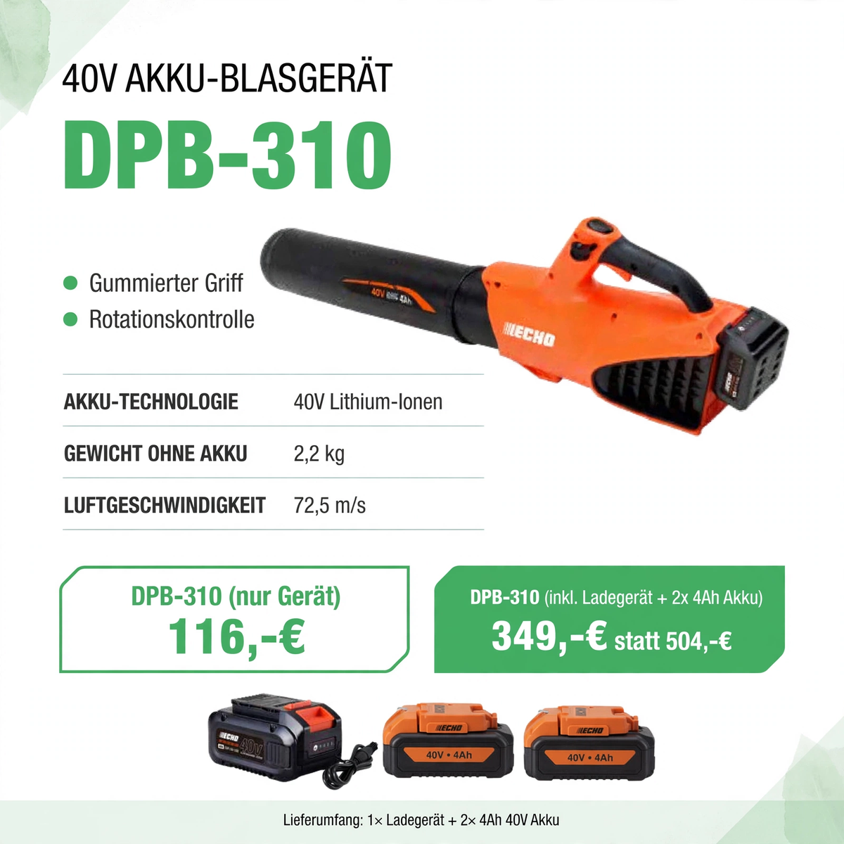 ECHO DPB-310 40V Akku-Blasgerät - 2,2 kg 72,5 m/s - 116 Euro inkl. MwSt. - Gartentechnik Forster