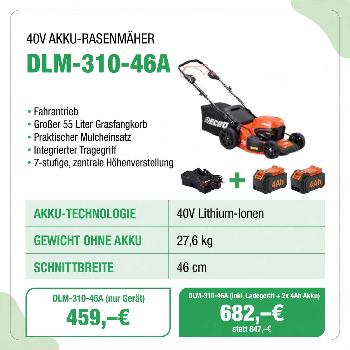 ECHO DLM-310-46A 40V Akku-Rasenmäher mit Fahrantrieb - 27,6 kg 46 cm - 459 Euro inkl. MwSt. - Gartentechnik Forster