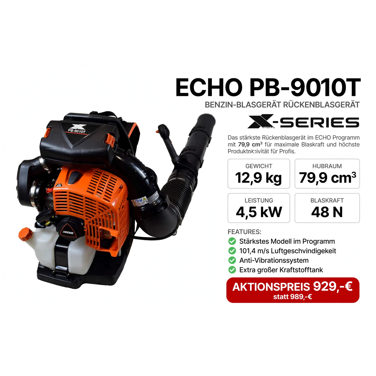 ECHO PB-9010T Benzin-Blasgerät Rückenblasgerät - 12,9 kg 79,9 cm³ 4,5 kW 48 N - 929 Euro - Gartentechnik Forster