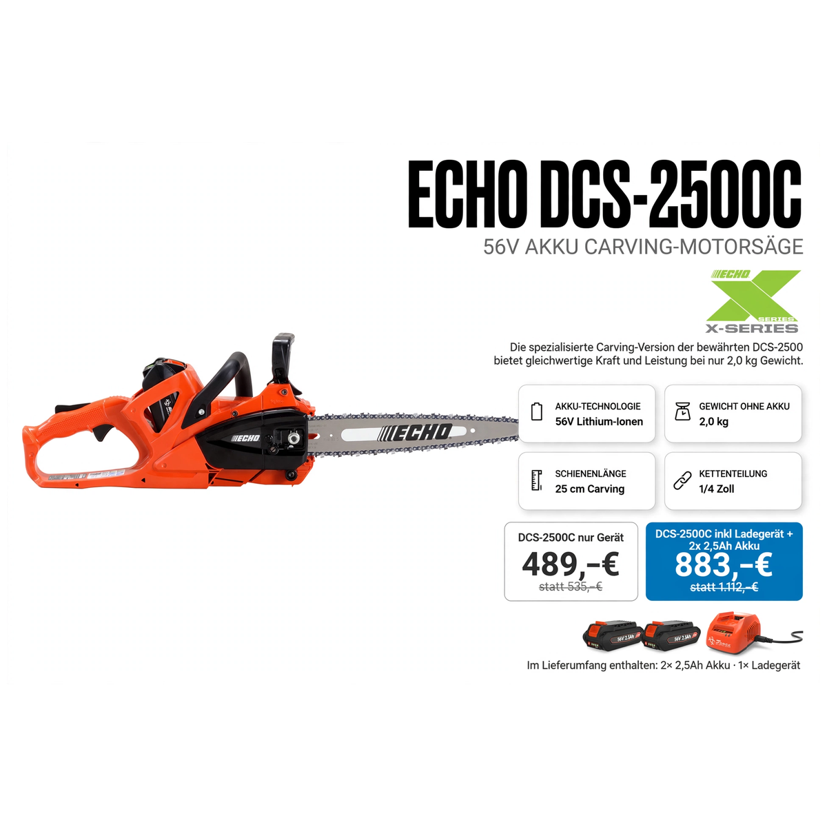 ECHO DCS-2500C 56V Akku Carving-Motorsäge - 2,0 kg 25 cm Carving 1/4 Zoll - 489 Euro - Gartentechnik Forster
