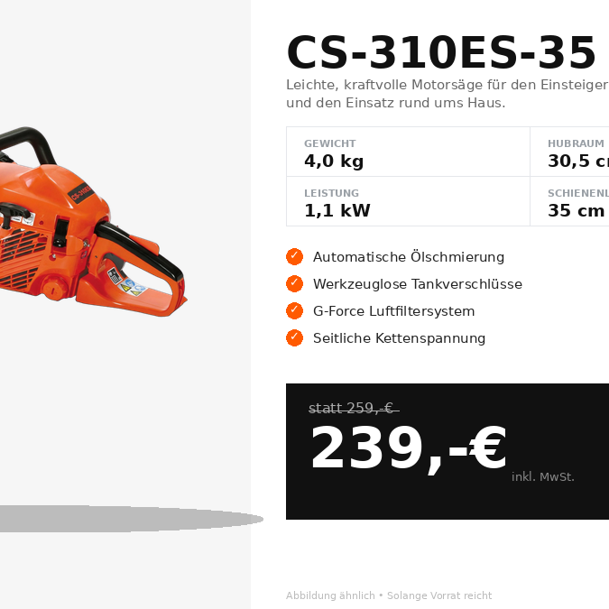 ECHO Benzin-Kettensäge CS-310ES ECHO Benzin-Kettensäge CS-310ES mit 30 / 35 cm Schiene, 30,5 cm³ / 1,1 kW, Easy-Start und 4,0 kg - kompakte Allround-Säge für Hof und Garten