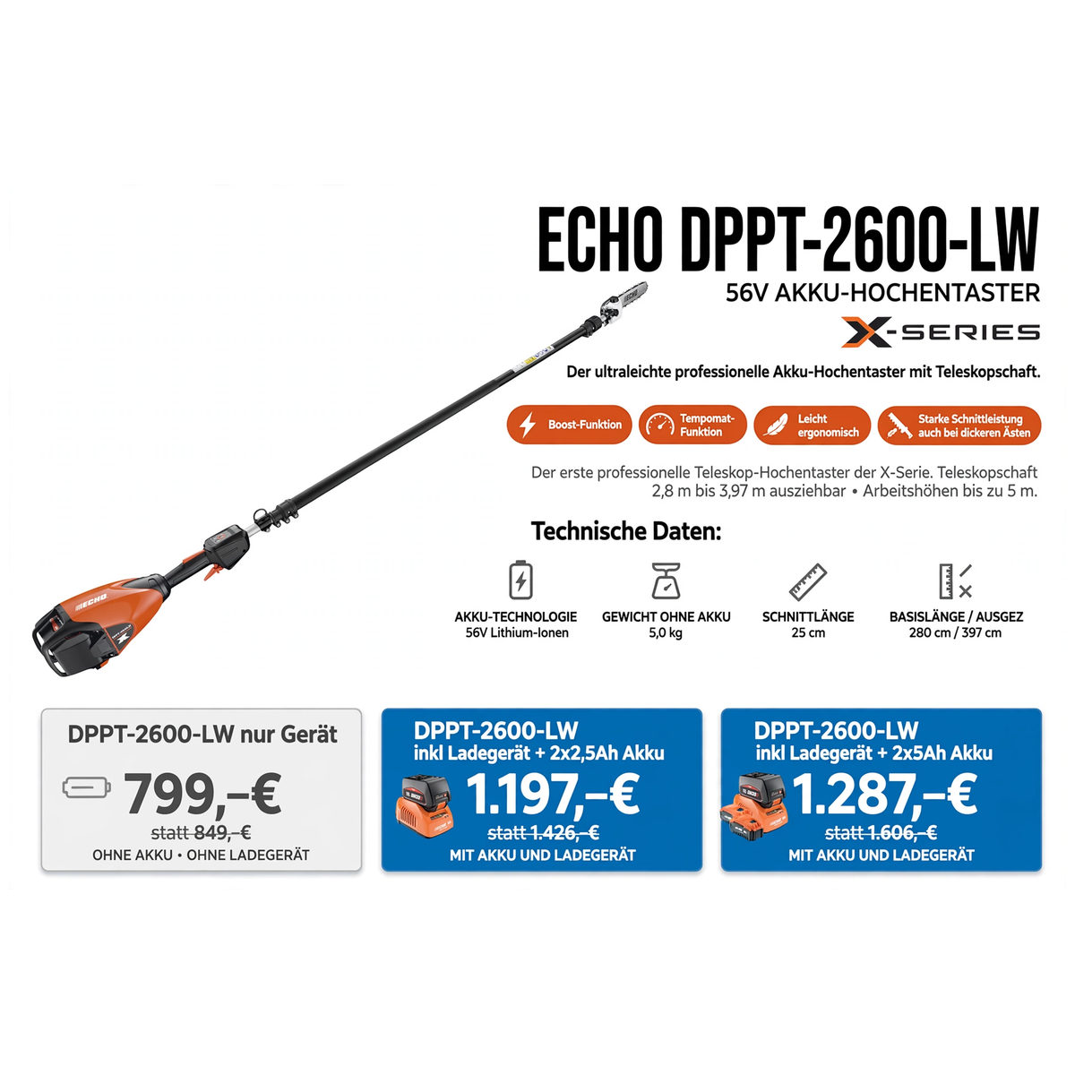 ECHO DPPT-2600-LW 56V Akku-Hochentaster - 5,0 kg 25 cm 280-397 cm - 799 Euro - Gartentechnik Forster