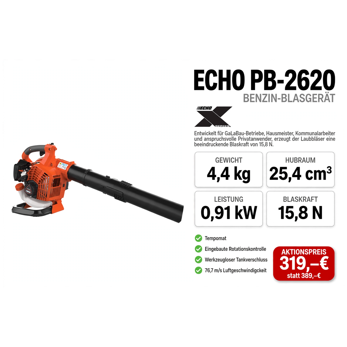 ECHO PB-2620 Benzin-Blasgerät - 4,4 kg 25,4 cm³ 0,91 kW 15,8 N - 319 Euro - Gartentechnik Forster