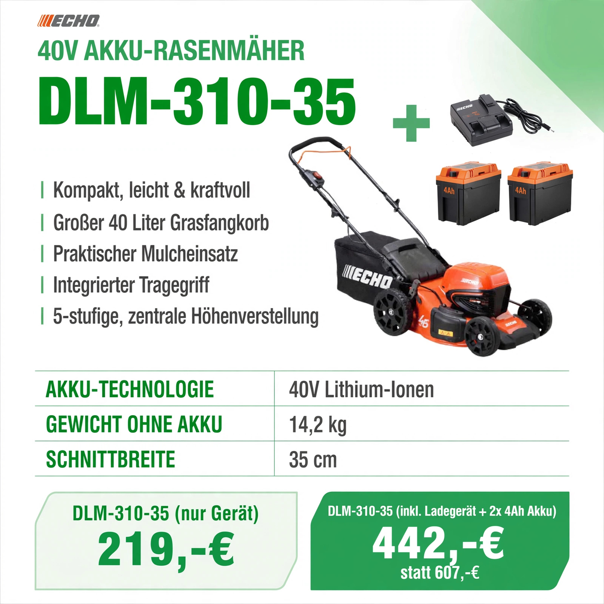 ECHO DLM-310-35 40V Akku-Rasenmäher - 14,2 kg 35 cm - 219 Euro inkl. MwSt. - Gartentechnik Forster