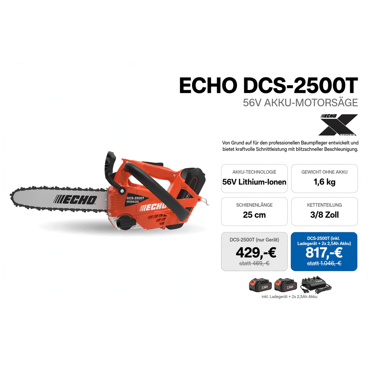 ECHO DCS-2500T 56V Akku-Motorsäge - 1,6 kg 25 cm 3/8 Zoll - 429 Euro - Gartentechnik Forster