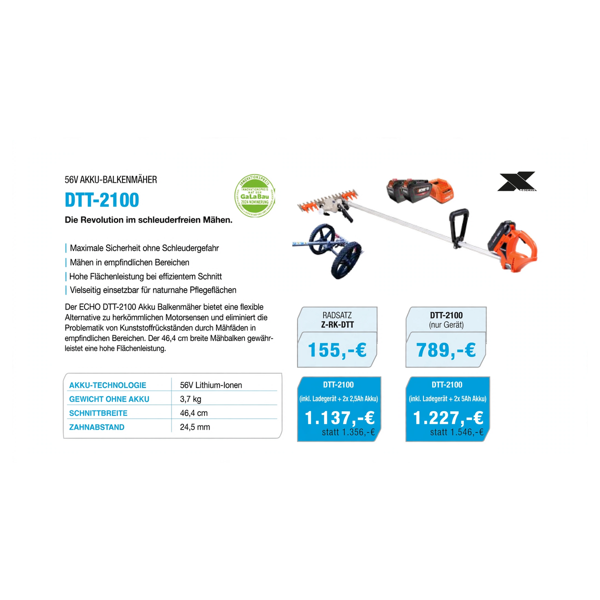 ECHO DTT-2100 56V Akku-Balkenmäher - 3,7 kg 46,4 cm 24,5 mm - 789 Euro - Gartentechnik Forster