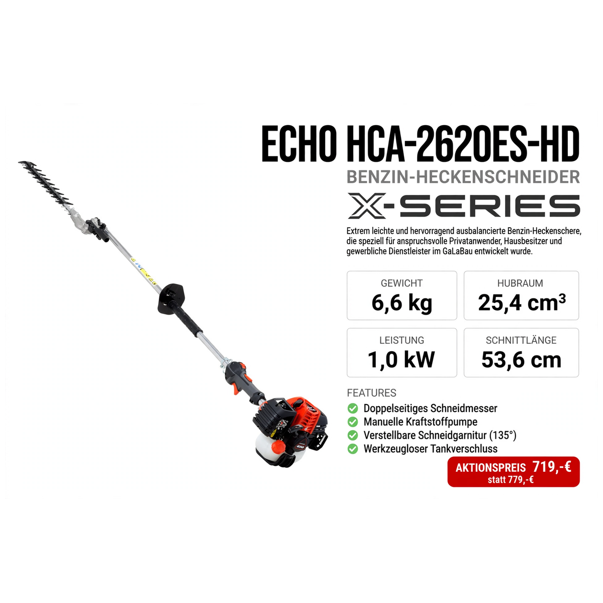 ECHO Benzin-Heckenschneider HCA-2620ES-HD X-Series - 6,6 kg 25,4 cm³ 1,0 kW 53,6 cm - 719 Euro - Gartentechnik Forster