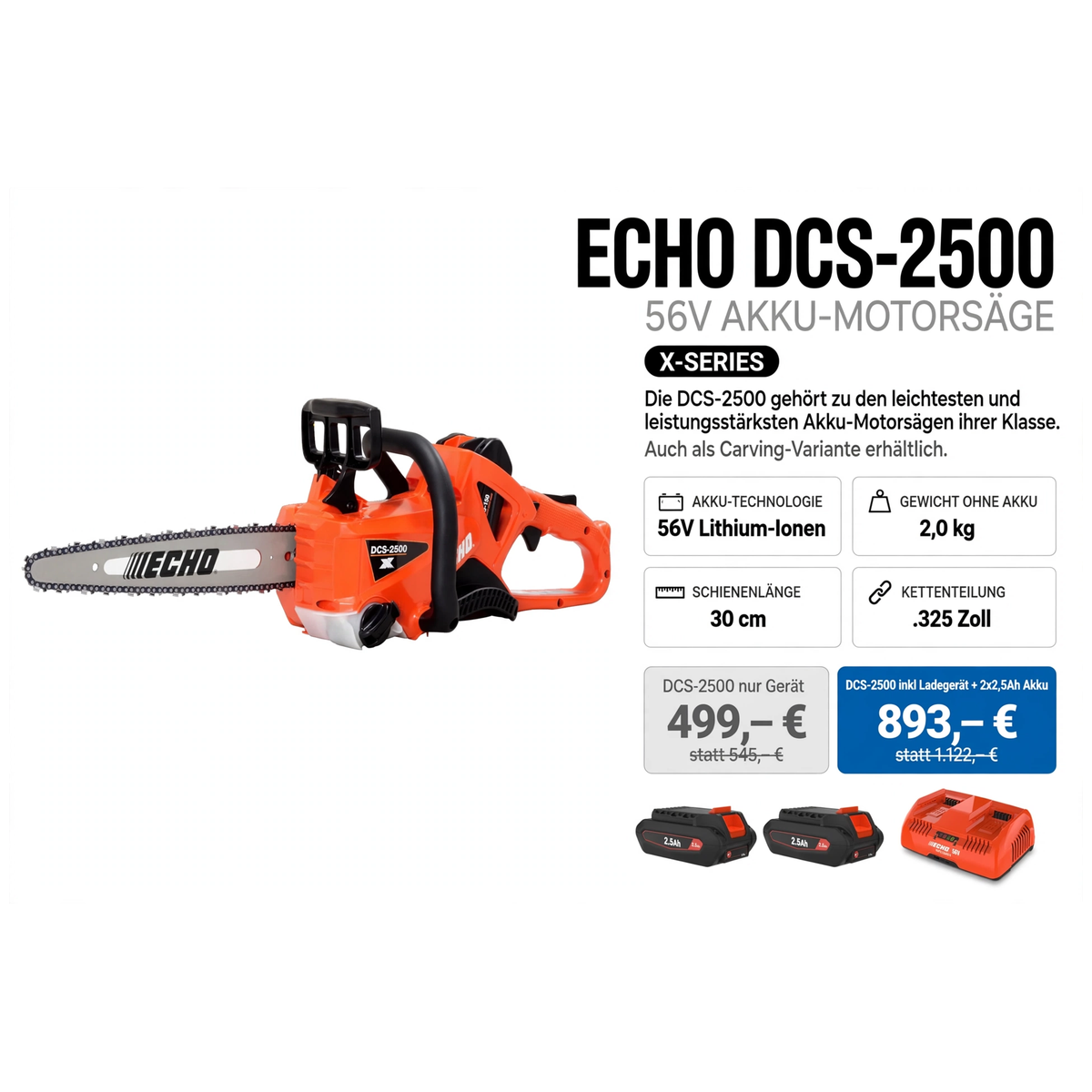 ECHO DCS-2500 56V Akku-Motorsäge - 2,0 kg 30 cm 0.325 Zoll - 499 Euro - Gartentechnik Forster