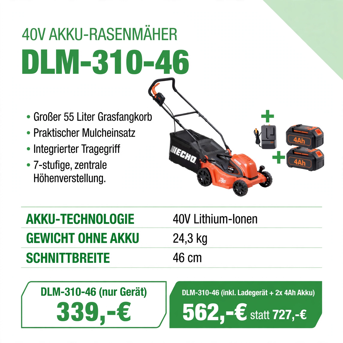 ECHO DLM-310-46 40V Akku-Rasenmäher - 24,3 kg 46 cm - 339 Euro inkl. MwSt. - Gartentechnik Forster