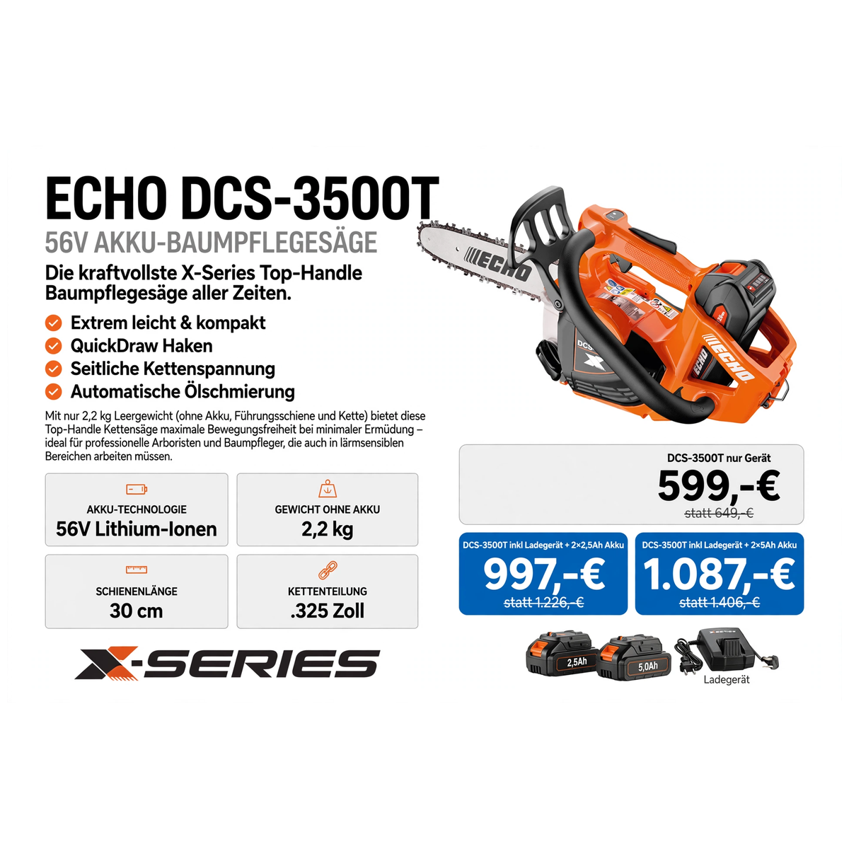 ECHO DCS-2500T 56V Akku-Motorsäge - 1,6 kg 25 cm 3/8 Zoll - 429 Euro - Gartentechnik Forster