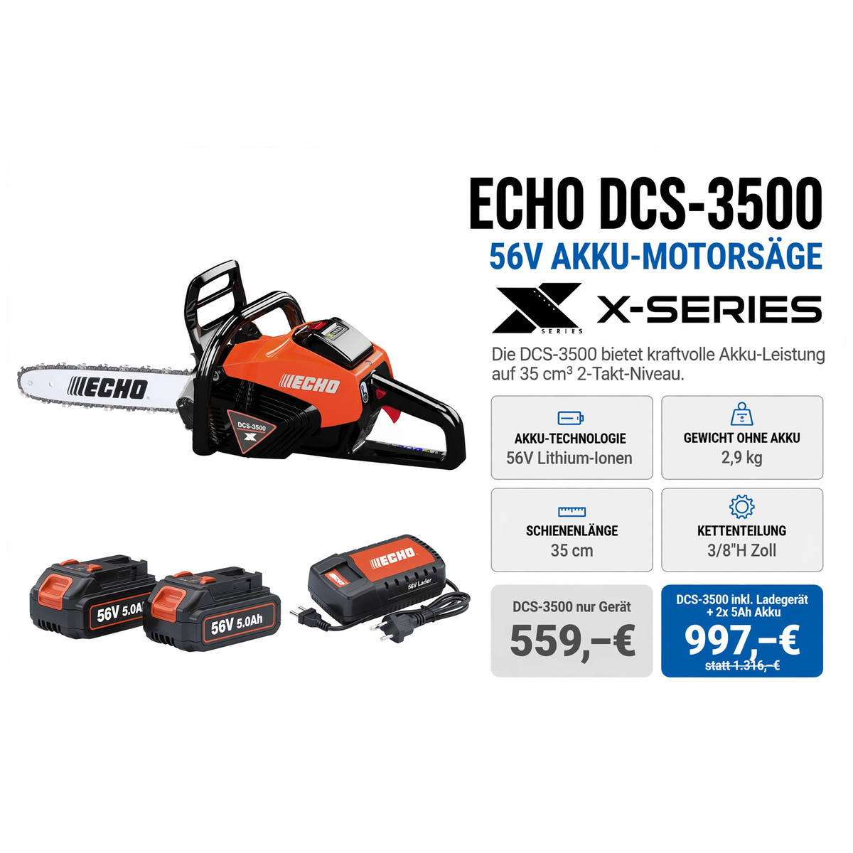 ECHO DCS-3500 56V Akku-Motorsäge - 2,9 kg 35 cm 3/8 Zoll - 559 Euro - Gartentechnik Forster
